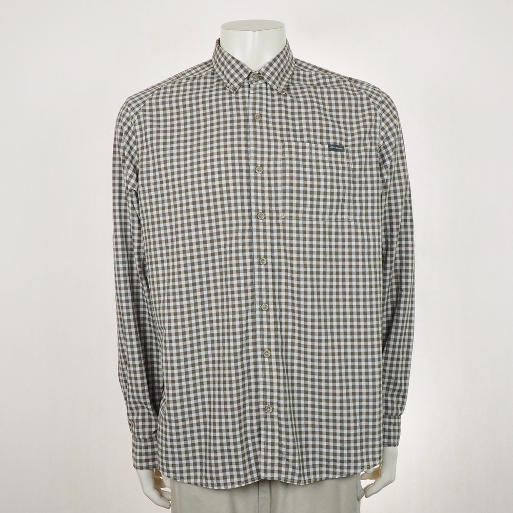 Eddie Bauer Travex Button Down Shirt Mens TL LT Brown Plaid Seersucker Outdoor
